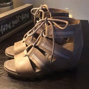 Sorel tan wedge sandal. Size 7.5. Lace up, very cute.